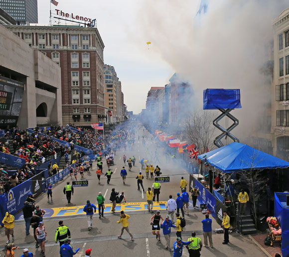 Wide view of scene at site of Boston bombings