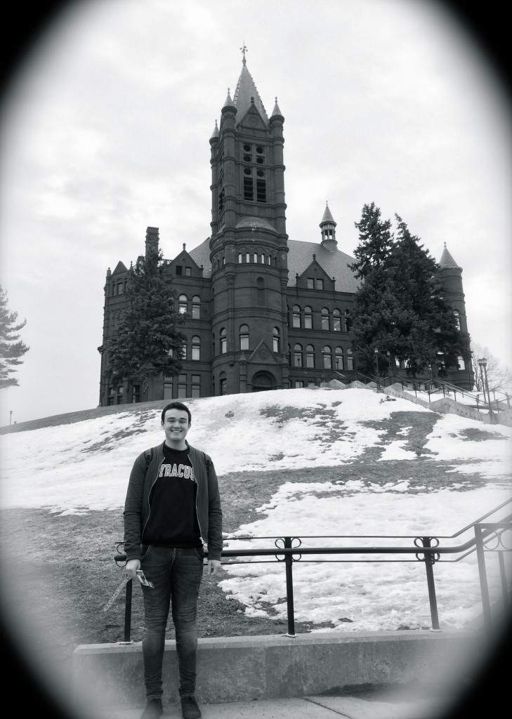 Aaron in front of VPA - postcard-style