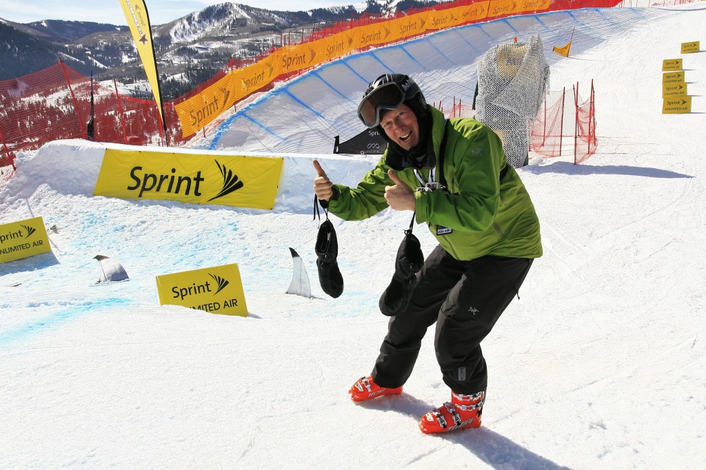 Bruce on skis in front of the shark pit