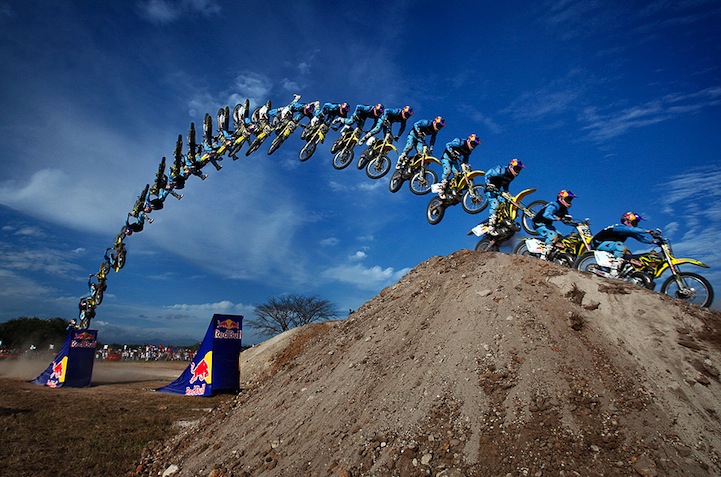 Motorcycle jump over Red Bull ramps